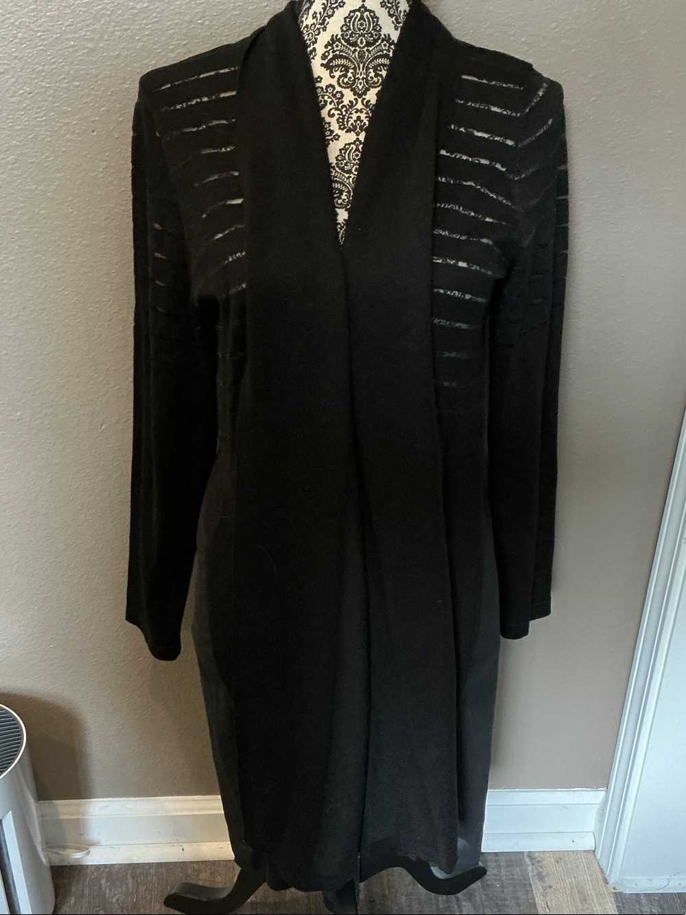Andrea Jovine Black Open-Front Longline Ribbed Sleeve Cardigan Size XL